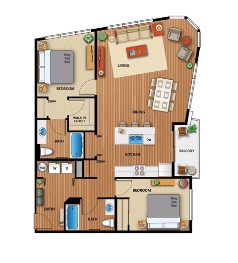 Floor plan for 2 beds, 2 baths, 1146 sqft